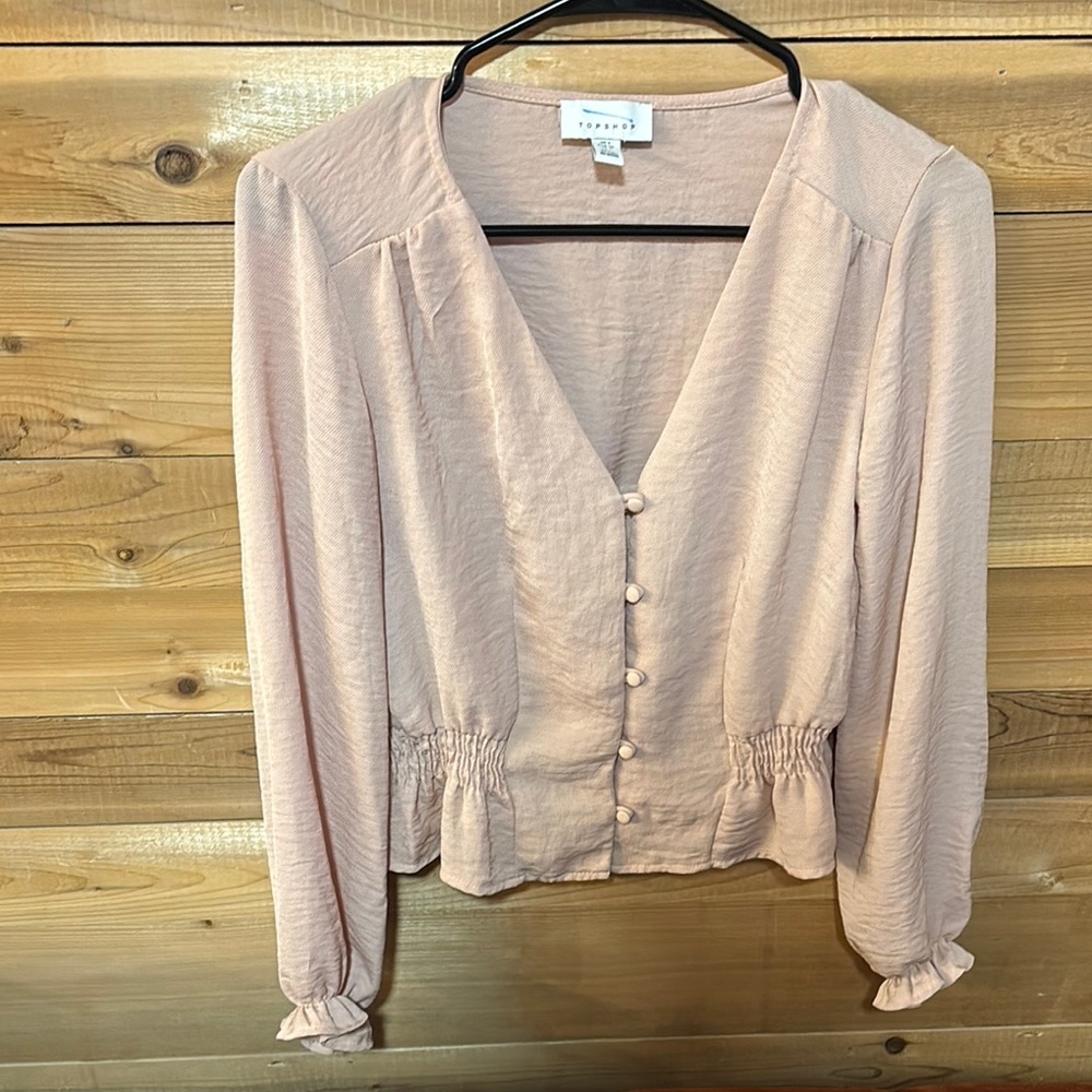 Topshop Pink Puff Sleeve Blouse with Ruffles
